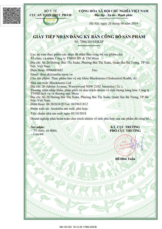 Giấy công bố chính thức sản phẩm Blackmores Cholesterol Health