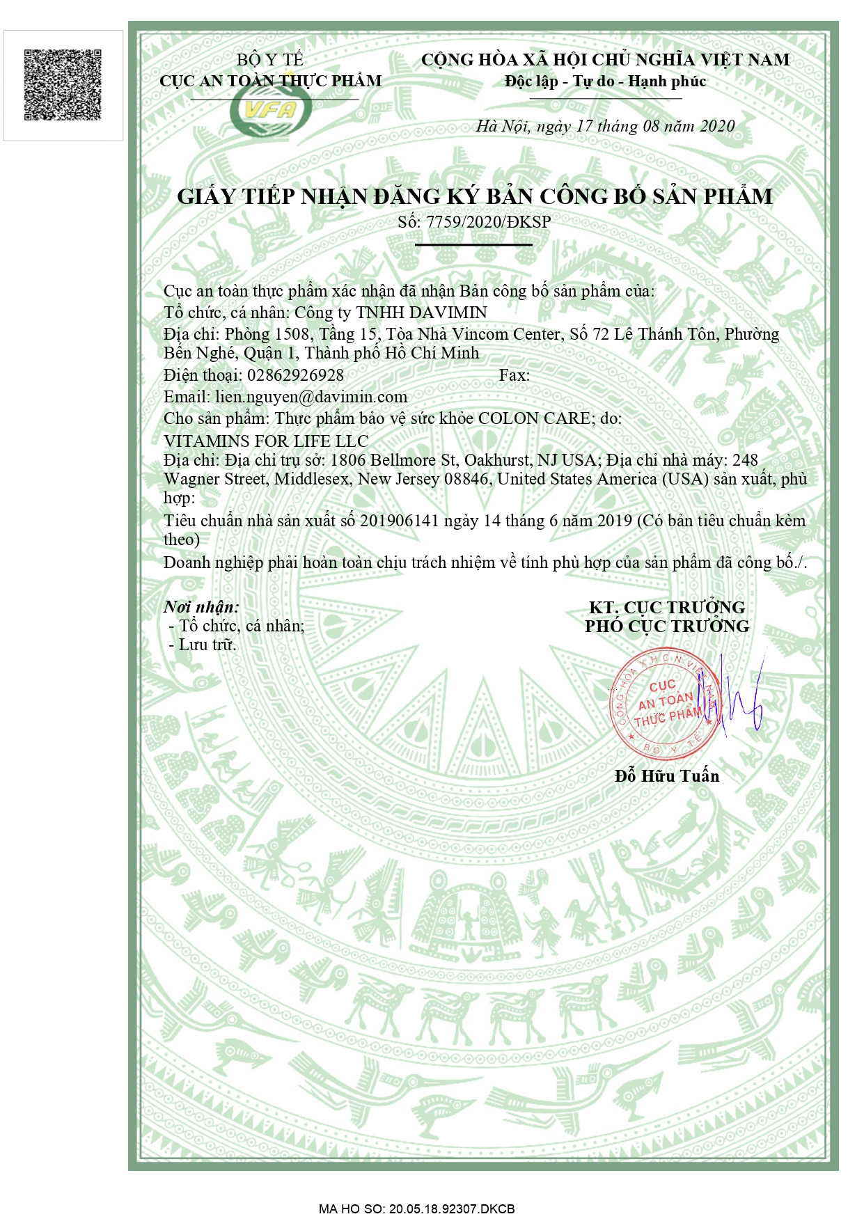 Giấy chứng nhận đăng ký của Colon Care