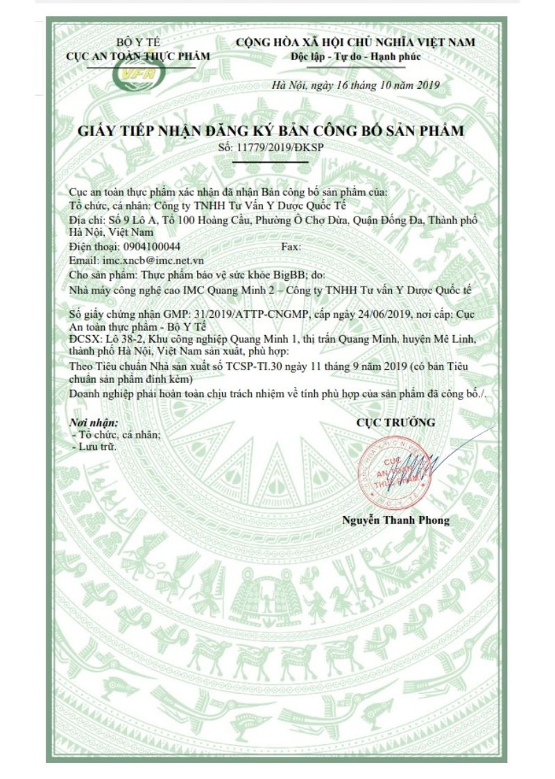 Bản công bố sản phẩm của Big BB plus xanh