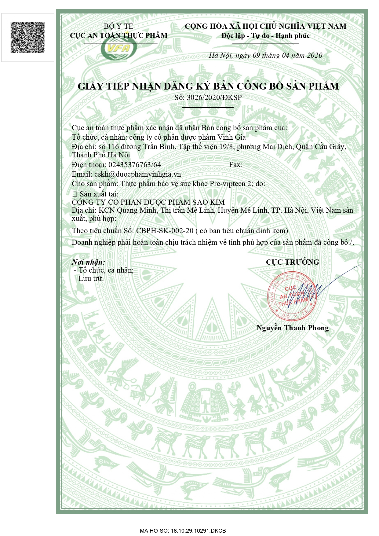 Giấy tiếp nhận đăng ký bản công bố sản phẩm Cốm Pre-Vipteen 2