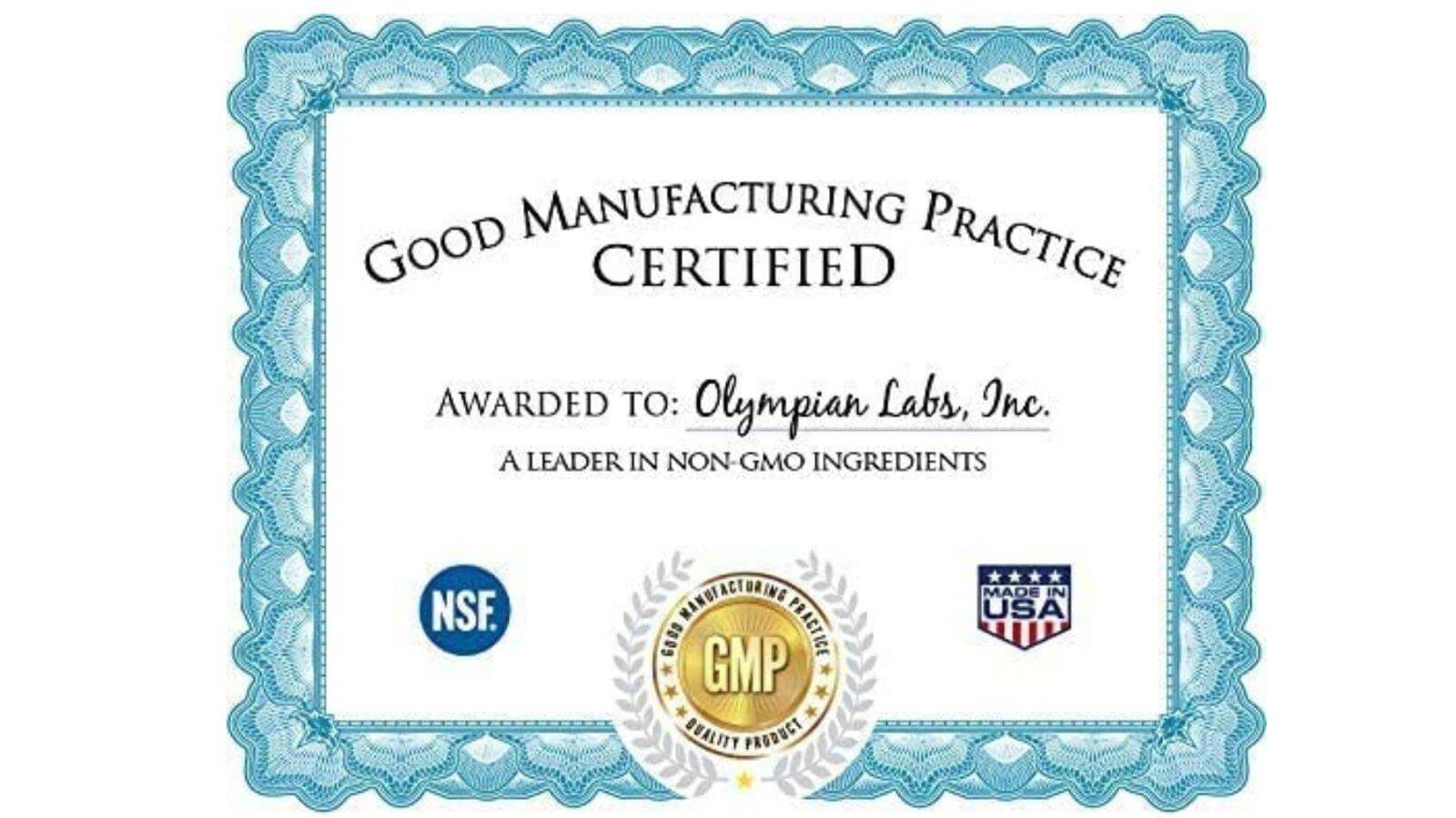 Giấy chứng nhận đạt cGMP của Olympian Labs