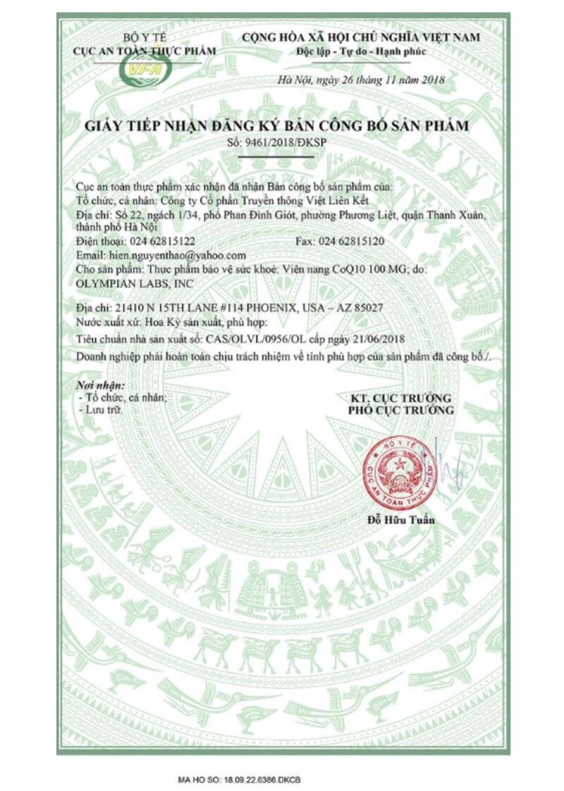 Giấy đăng ký công bố CoQ10 100mg của Olympian Labs