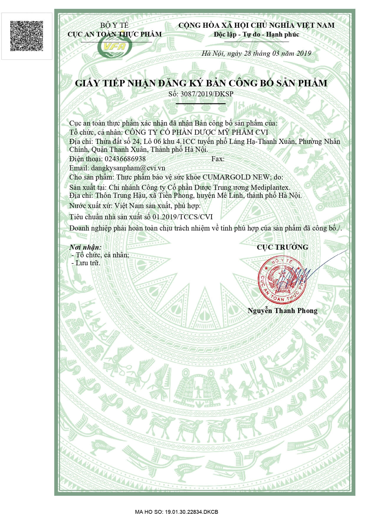 Giấy đăng ký công bố sản phẩm CumarGold New