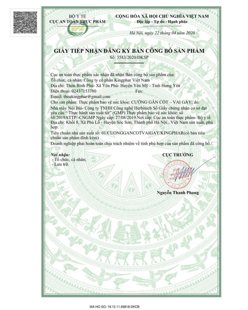 Giấy chứng nhận đăng ký sản phẩm Cường Gân Cốt Vai Gáy
