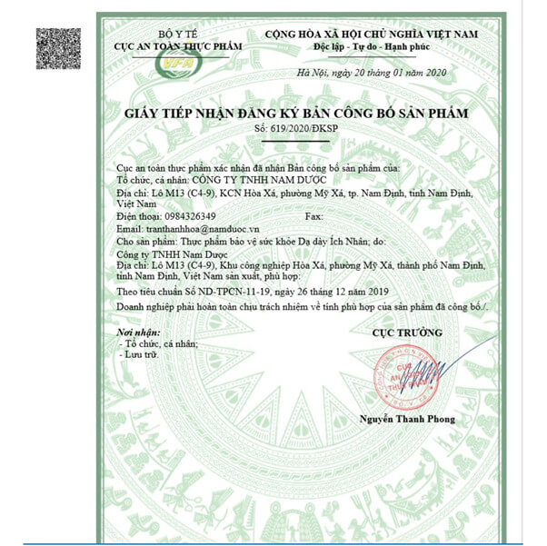 Giấy công bố đăng ký sản phẩm Dạ dày Ích Nhân