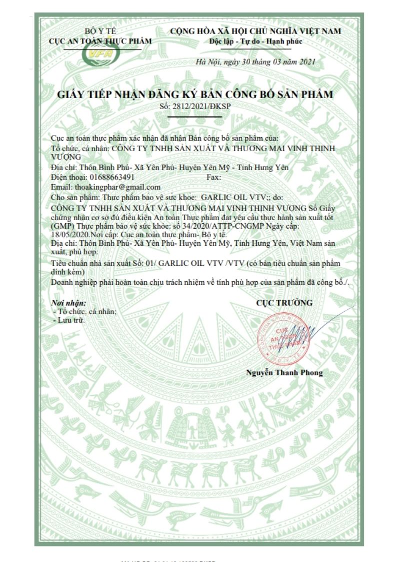 Bản công bố sản phẩm của Dầu tỏi Garlic Oil 500mg
