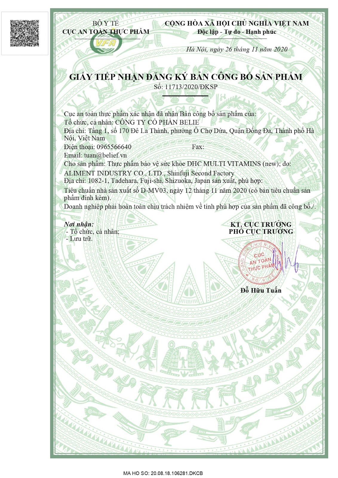 Giấy chứng nhận đăng ký công bố vitamin DHC tổng hợp.