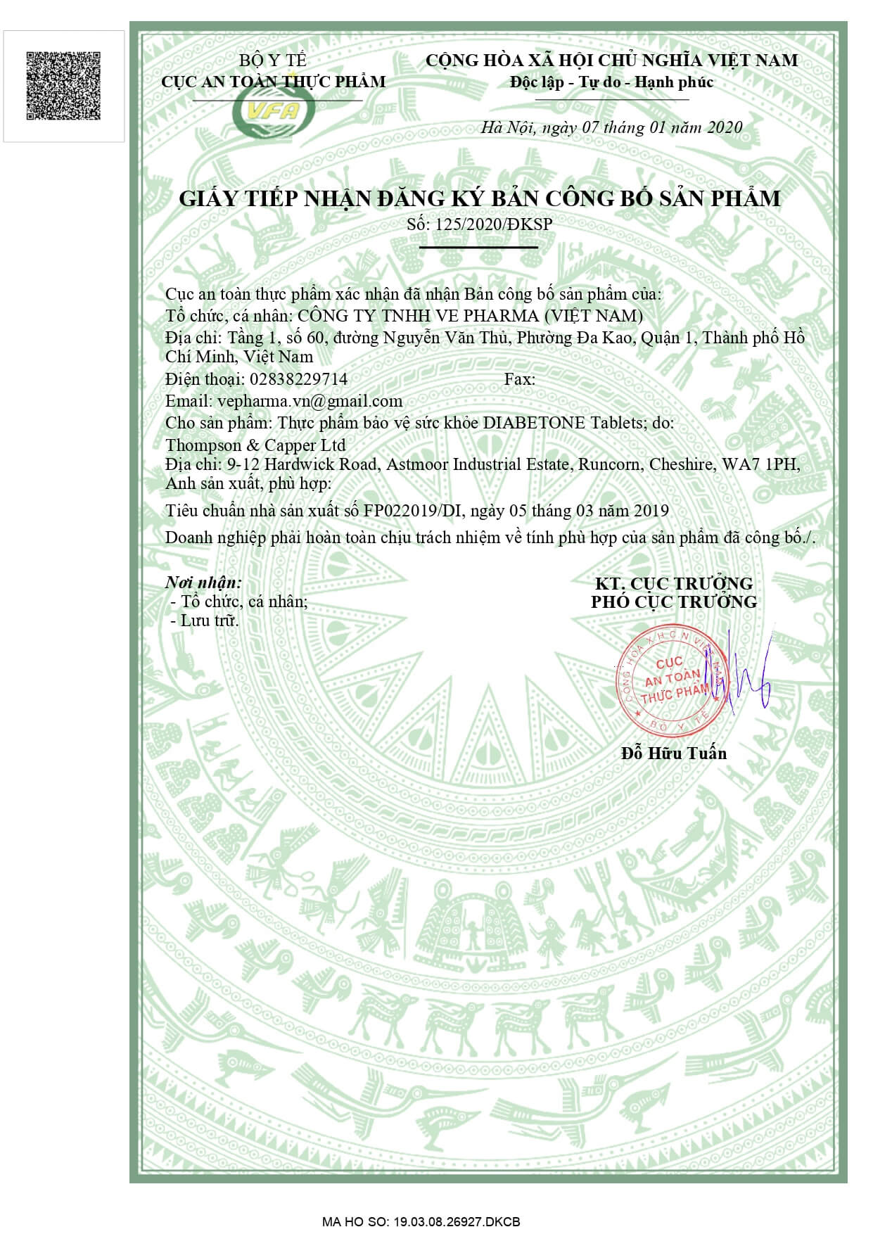 Giấy chứng nhận của Bộ Y tế về sản phẩm Diabetone original