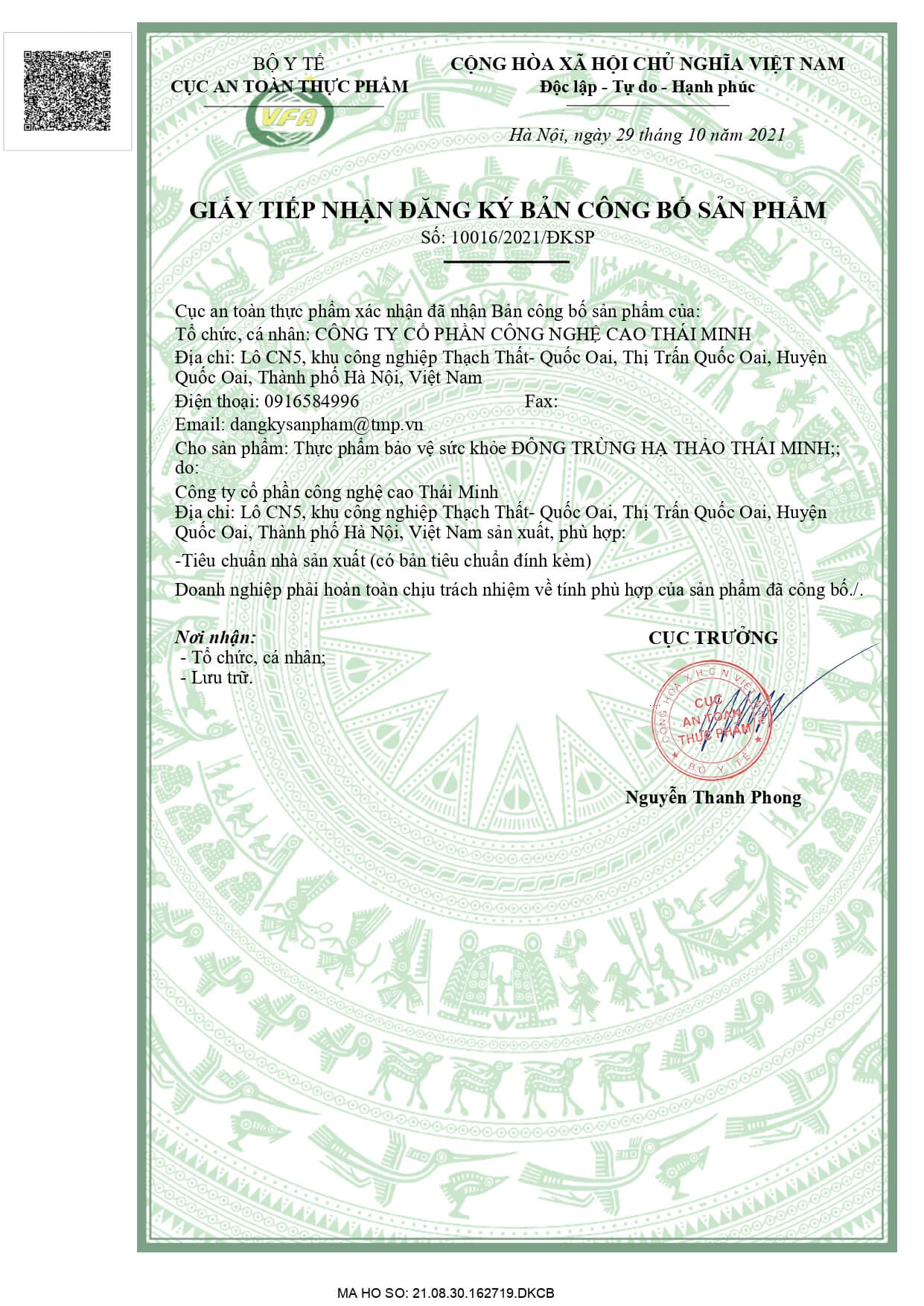 Giấy đăng ký công bố sản phẩm Đông trùng hạ thảo Thái Minh