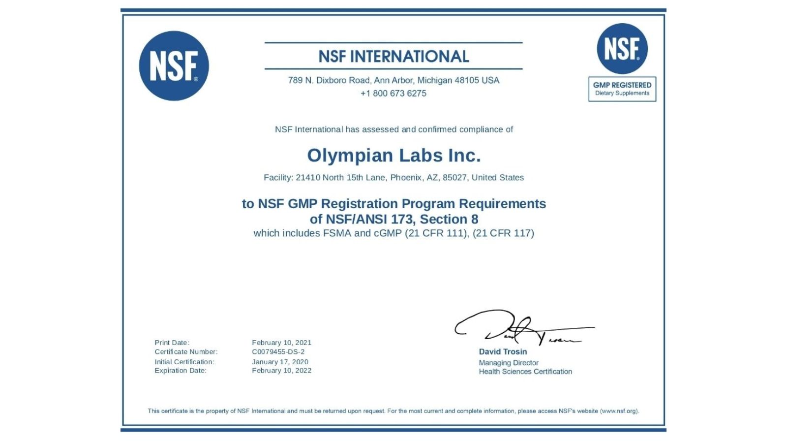 Chứng nhận đạt tiêu chuẩn ATTP của Olympian Labs do NSF cấp. 