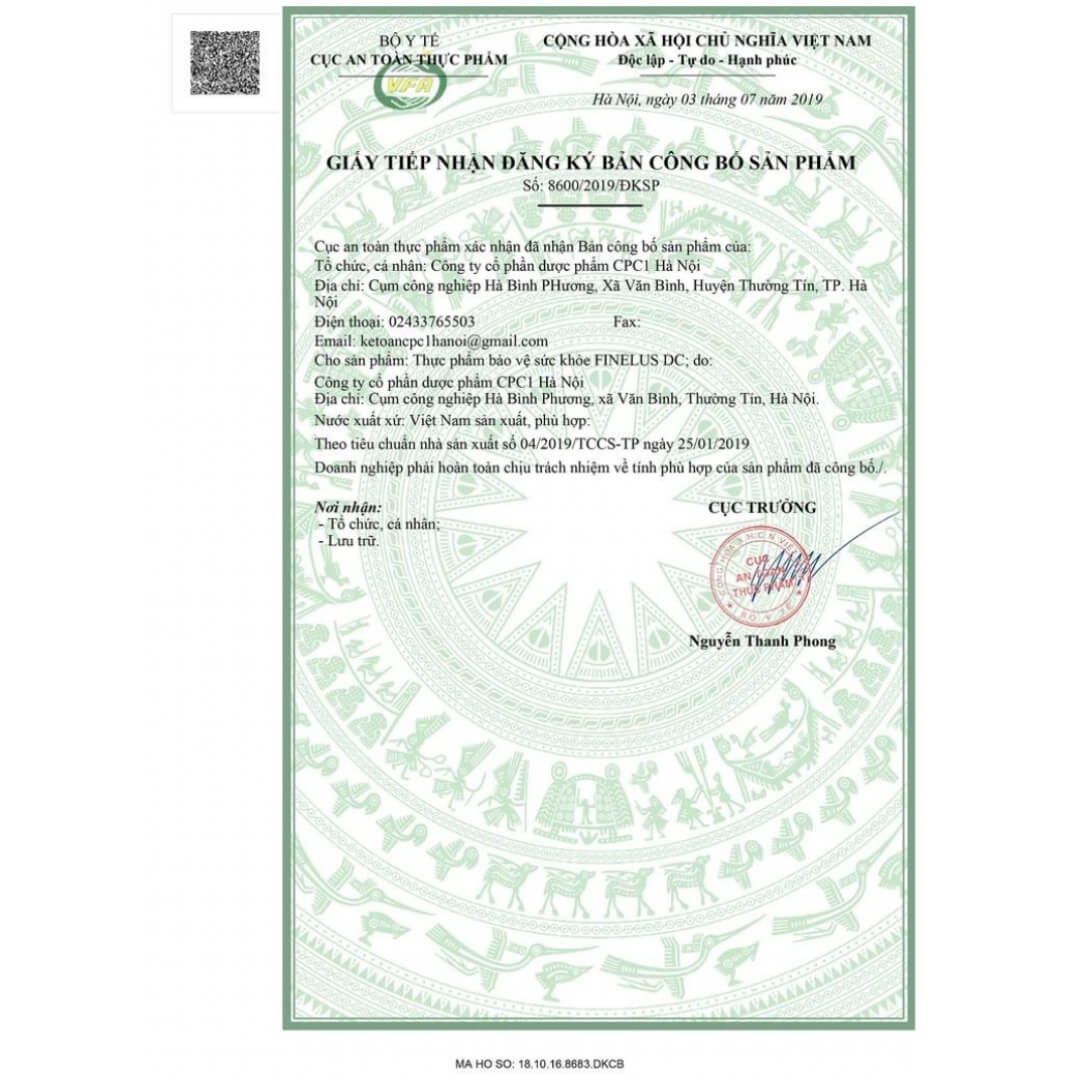 Giấy xác nhận công bố sản phẩm Finelus DC được cấp bởi Bộ Y tế