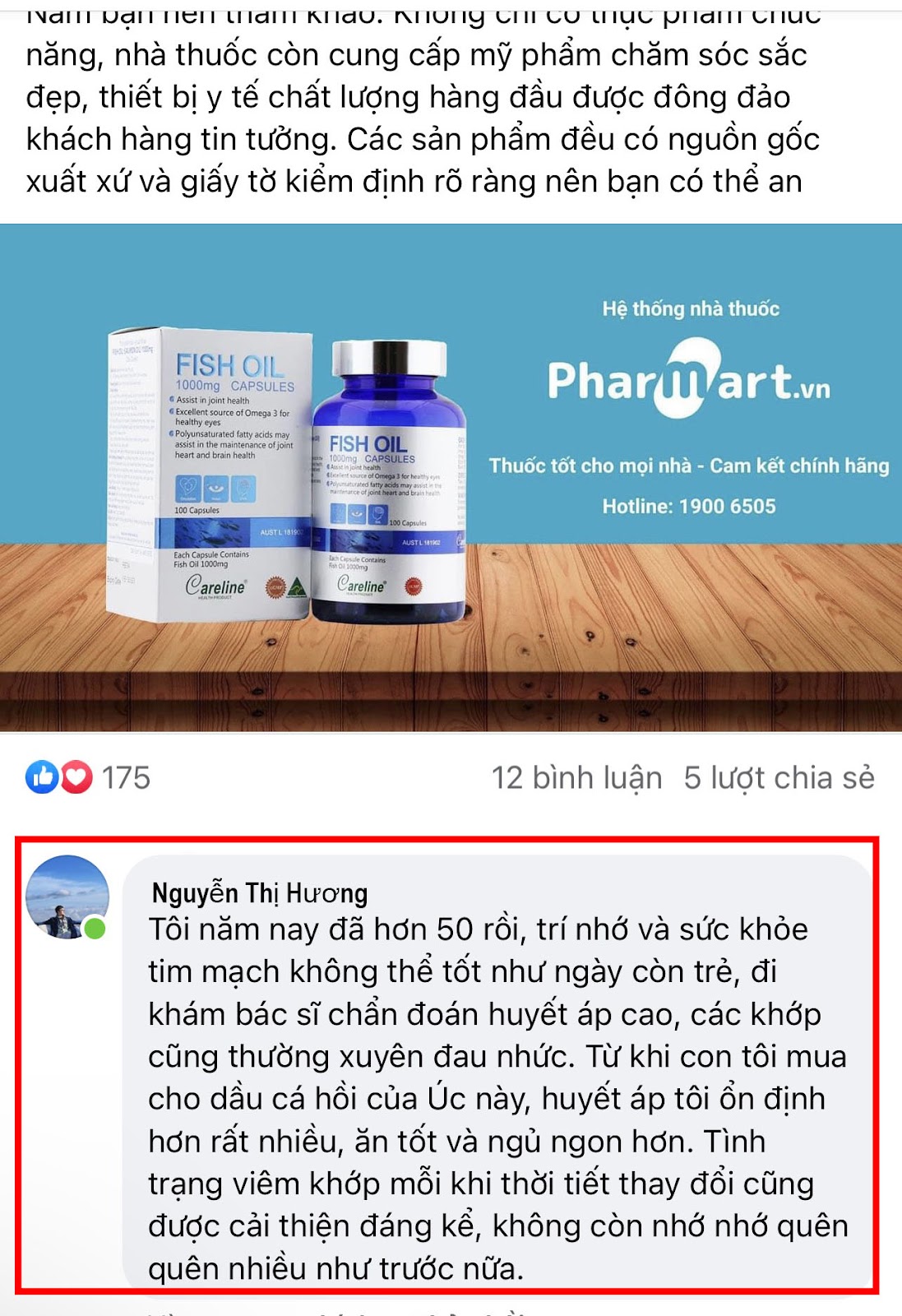 Phản hồi từ người dùng Facebook khi tin dùng sản phẩm từ Pharmart.vn