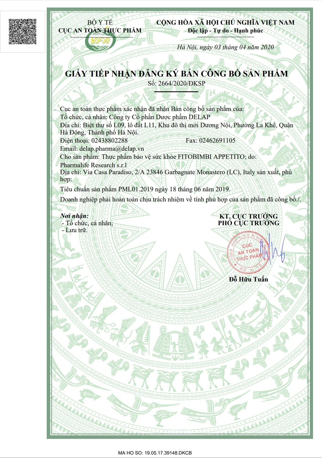 Bản công bố sản phẩm của Fitobimbi Appetito