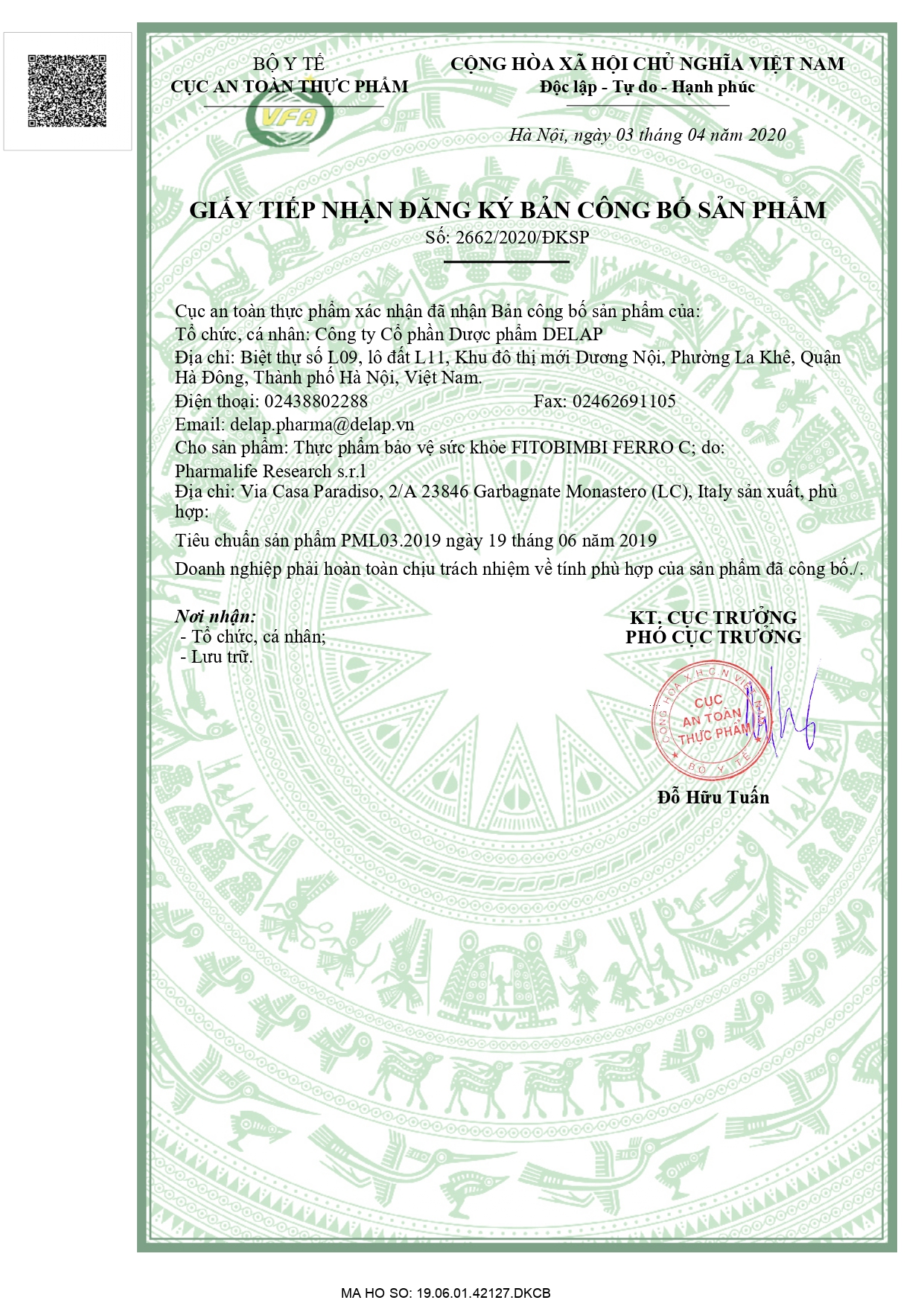 Giấy chứng nhận đăng ký công bố sản phẩm Sắt Fitobimbi.