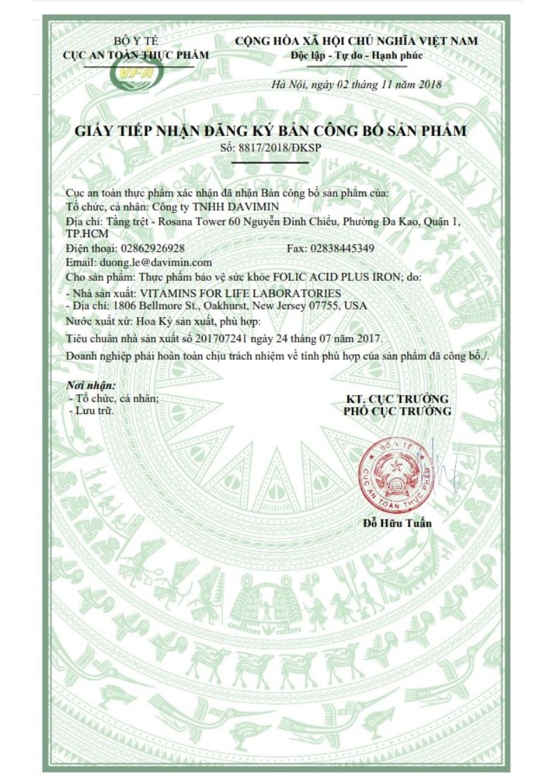 Giấy đăng ký công bố Folic Acid của Vitamins for Life