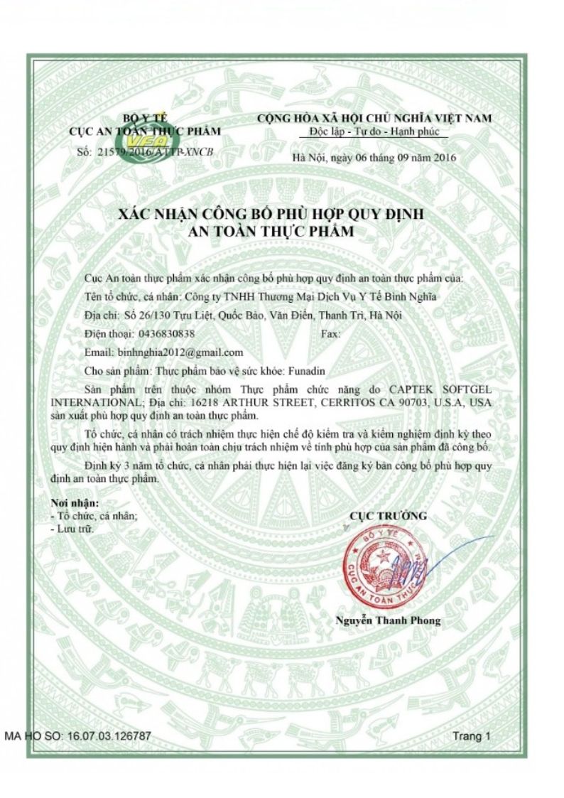 Bản công bố sản phẩm của Funadin