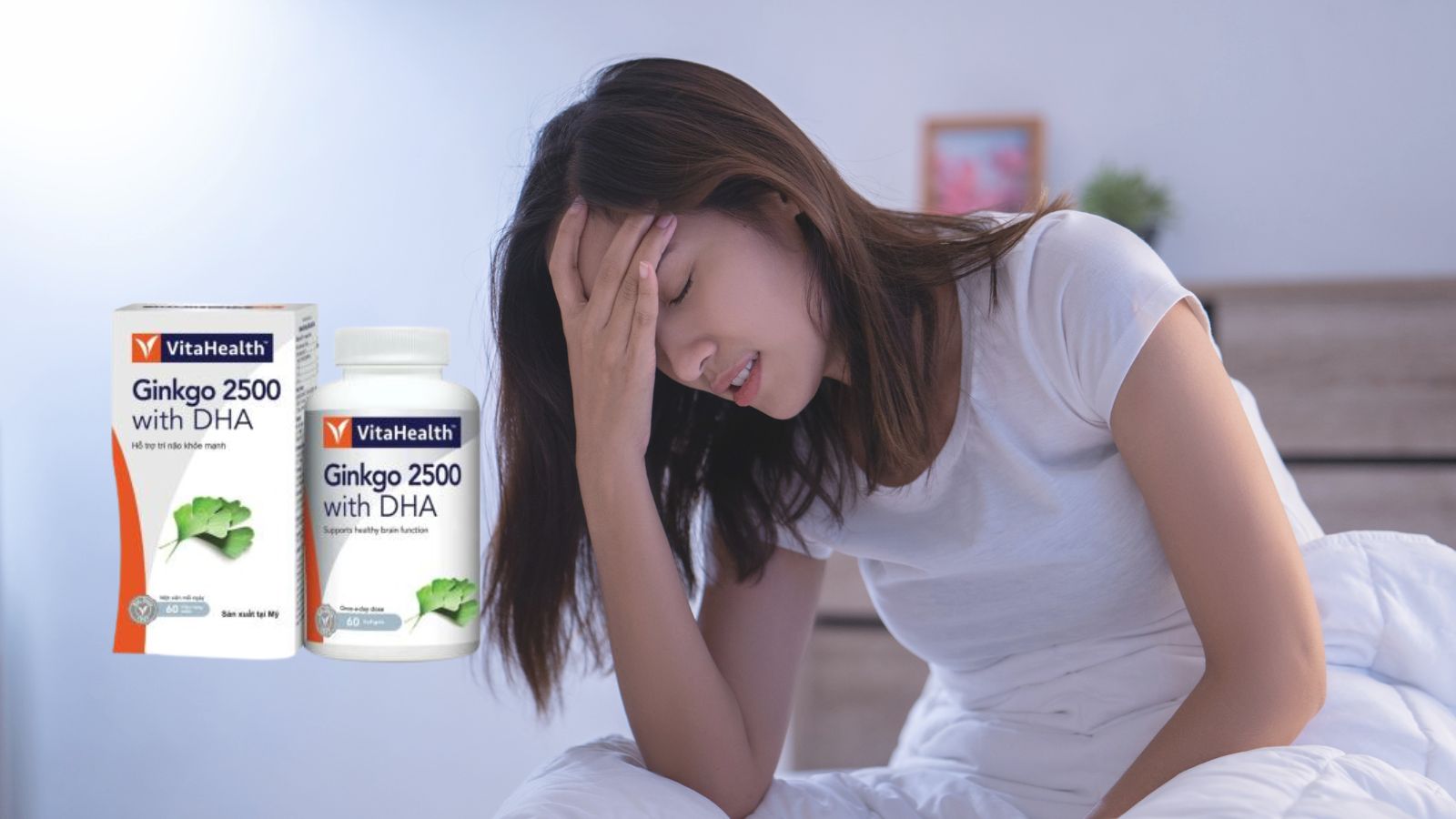 Ginkgo 2500 with DHA VitaHealth (60 viên) giúp hỗ trợ hiệu quả các triệu chứng đau đầu, chóng mặt và khó ngủ nhờ vào sự kết hợp của Ginkgo Biloba và DHA