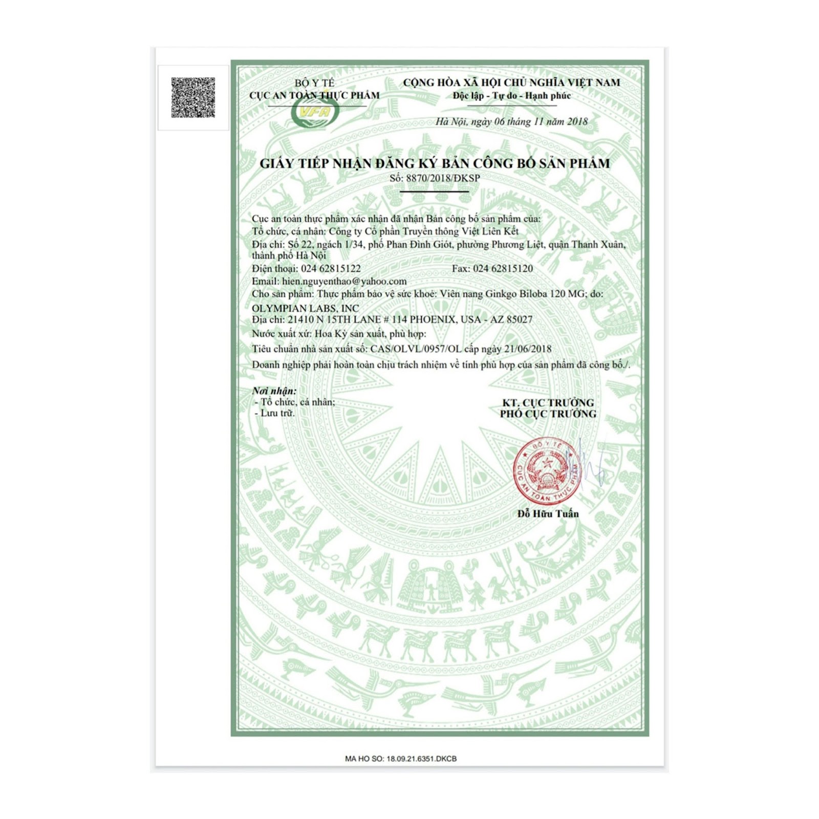 Giấy đăng ký công bố sản phẩm Ginkgo Biloba 120mg