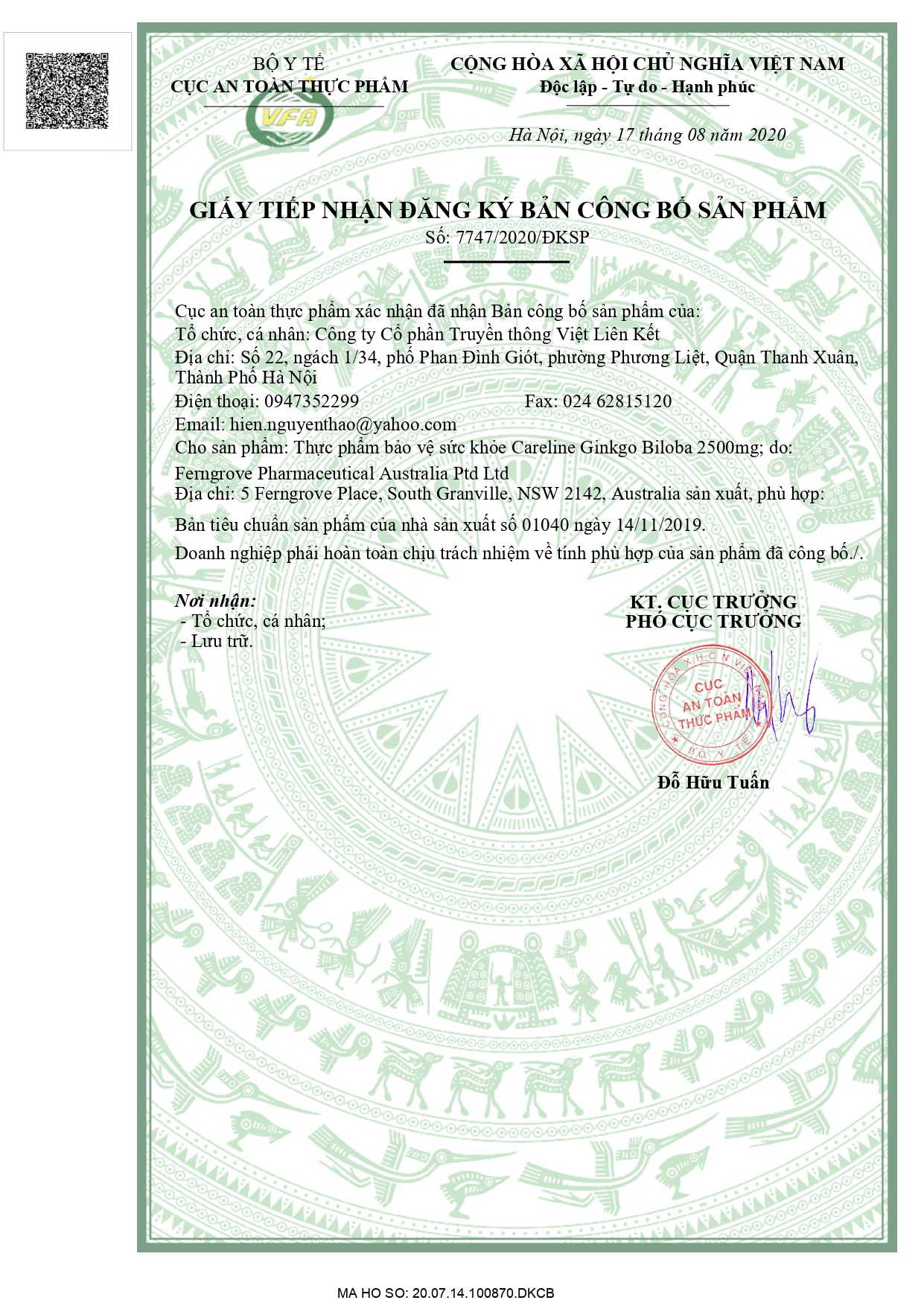 Giấy chứng nhận đăng ký công bố Ginkgo Biloba 2500mg.