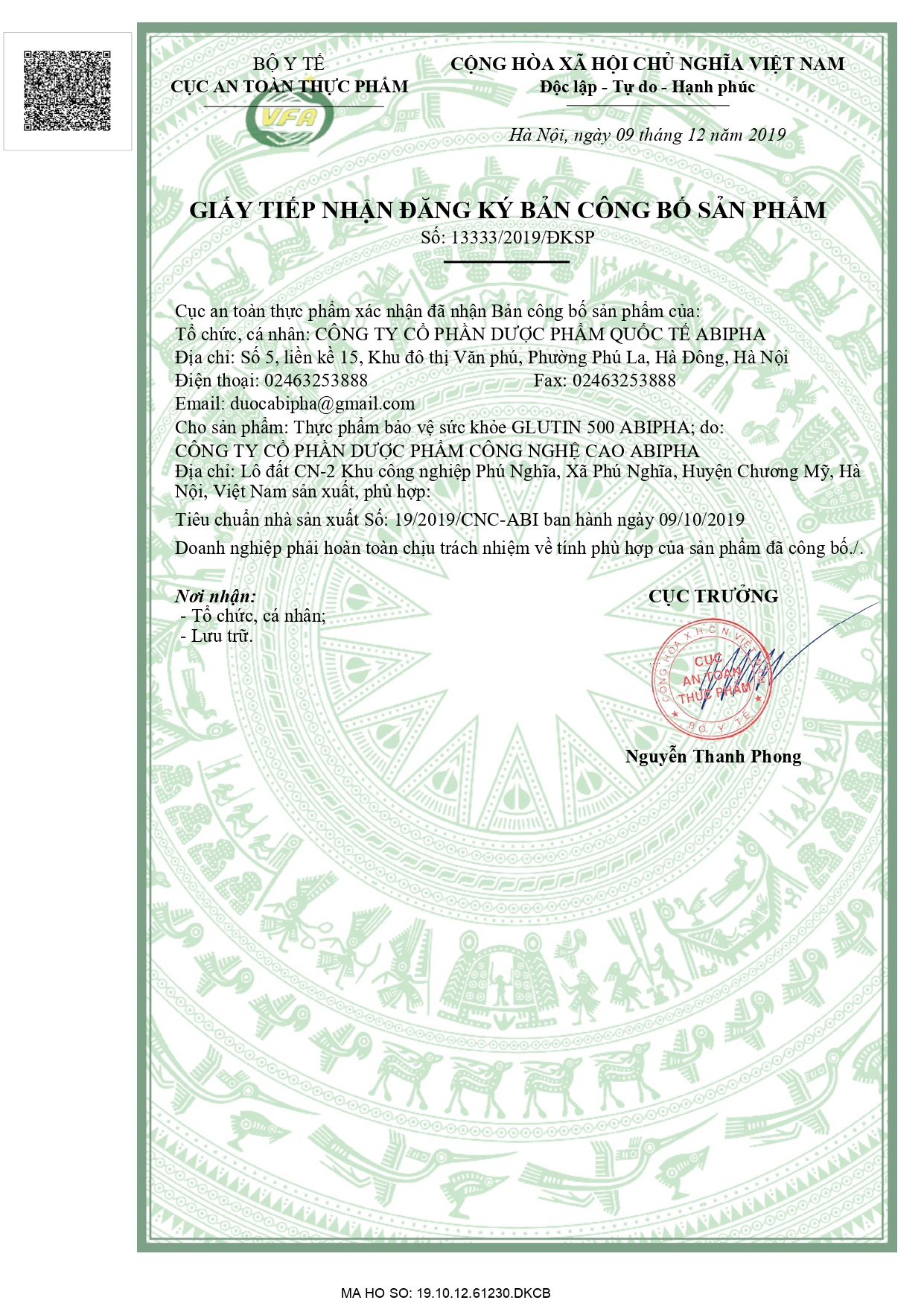 Giấy đăng ký công bố sản phẩm Glutin 500 Abipha