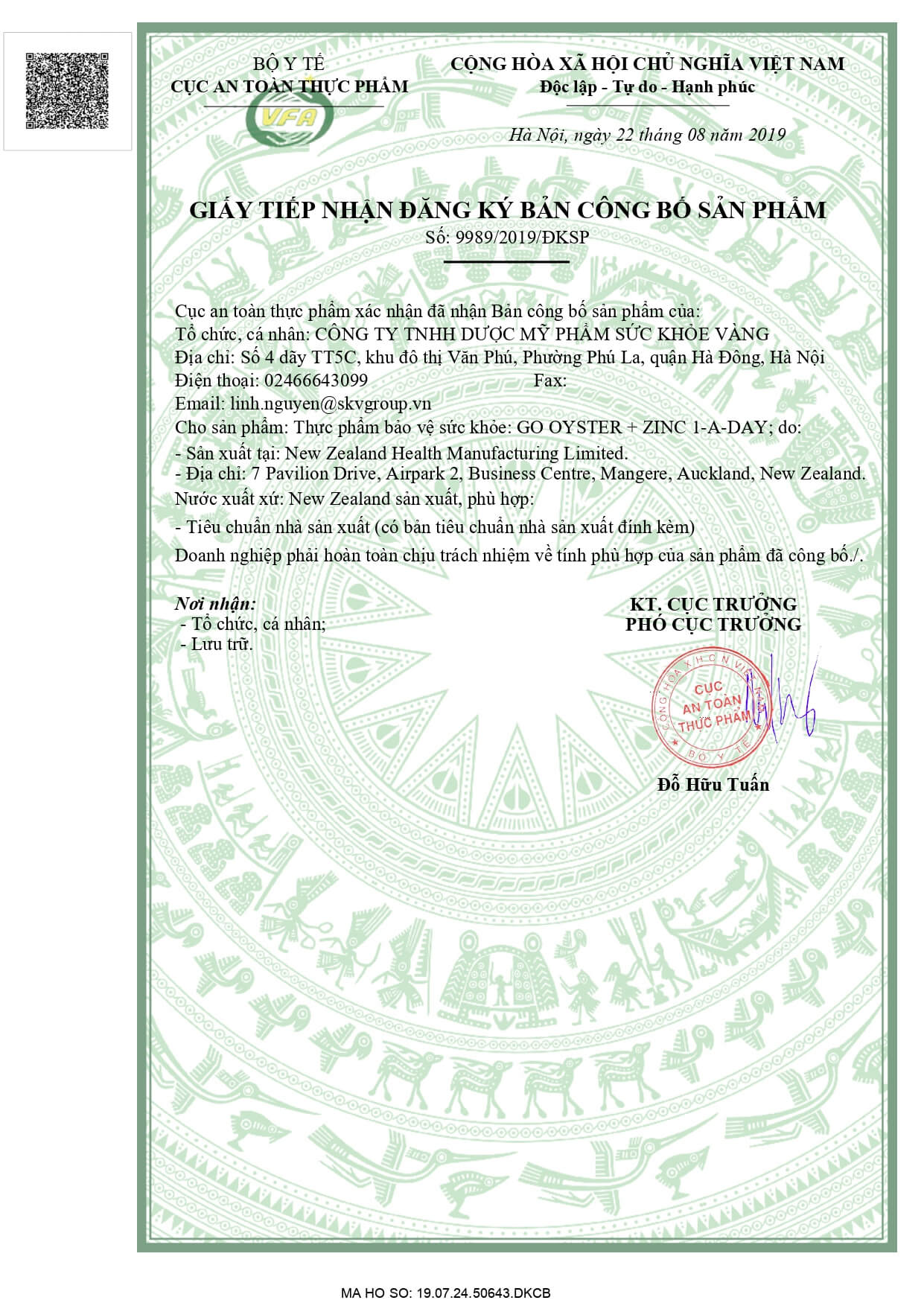 Chứng nhận của Bộ Y tế về chất lượng của sản phẩm