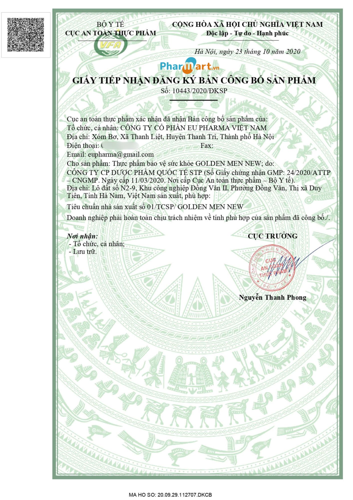 Giấy công bố sản phẩm Golden Men của Bộ Y tế