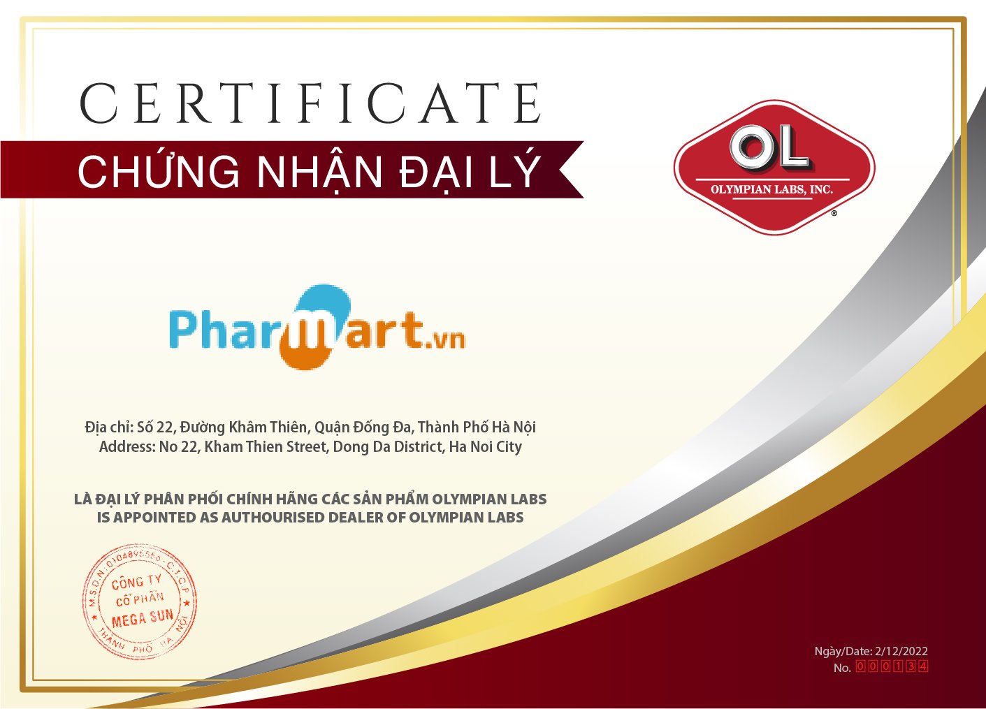 Chứng nhận đại lý uy tín của OL dành cho Pharmart.vn
