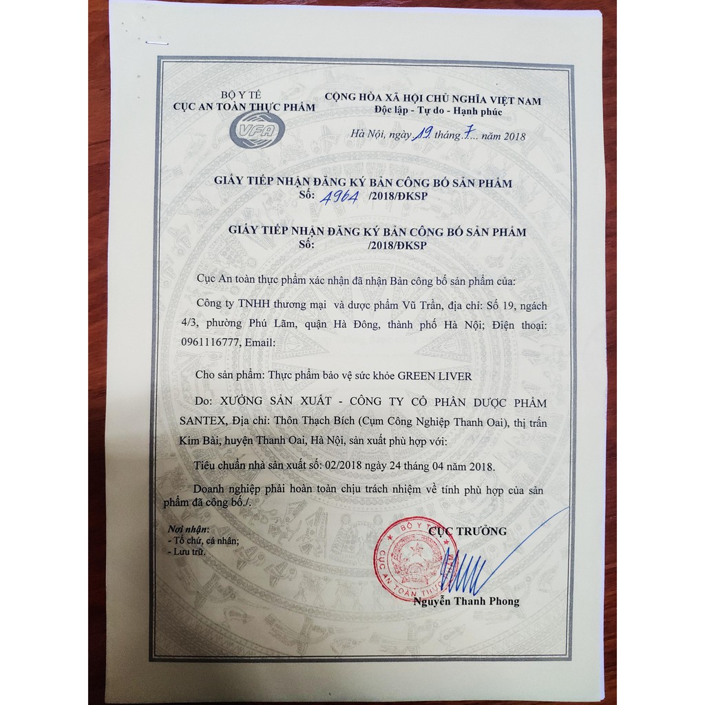 Giấy đăng ký công bố sản phẩm Green Liver