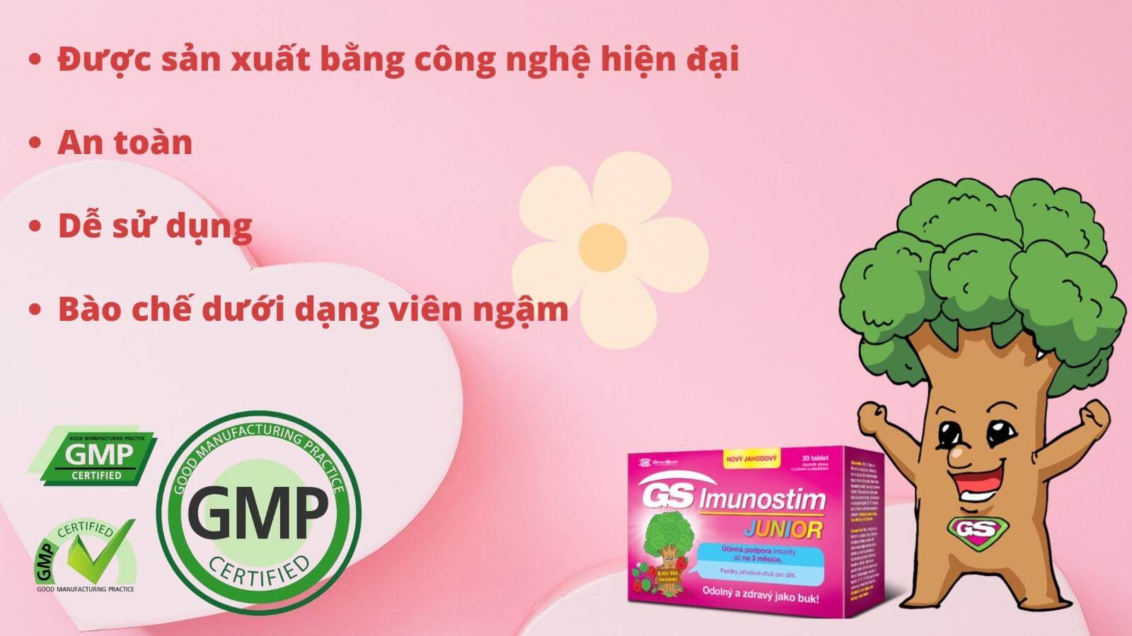 GS Imunostim Junior dạng viên nhai như kẹo, mùi vị dễ chịu