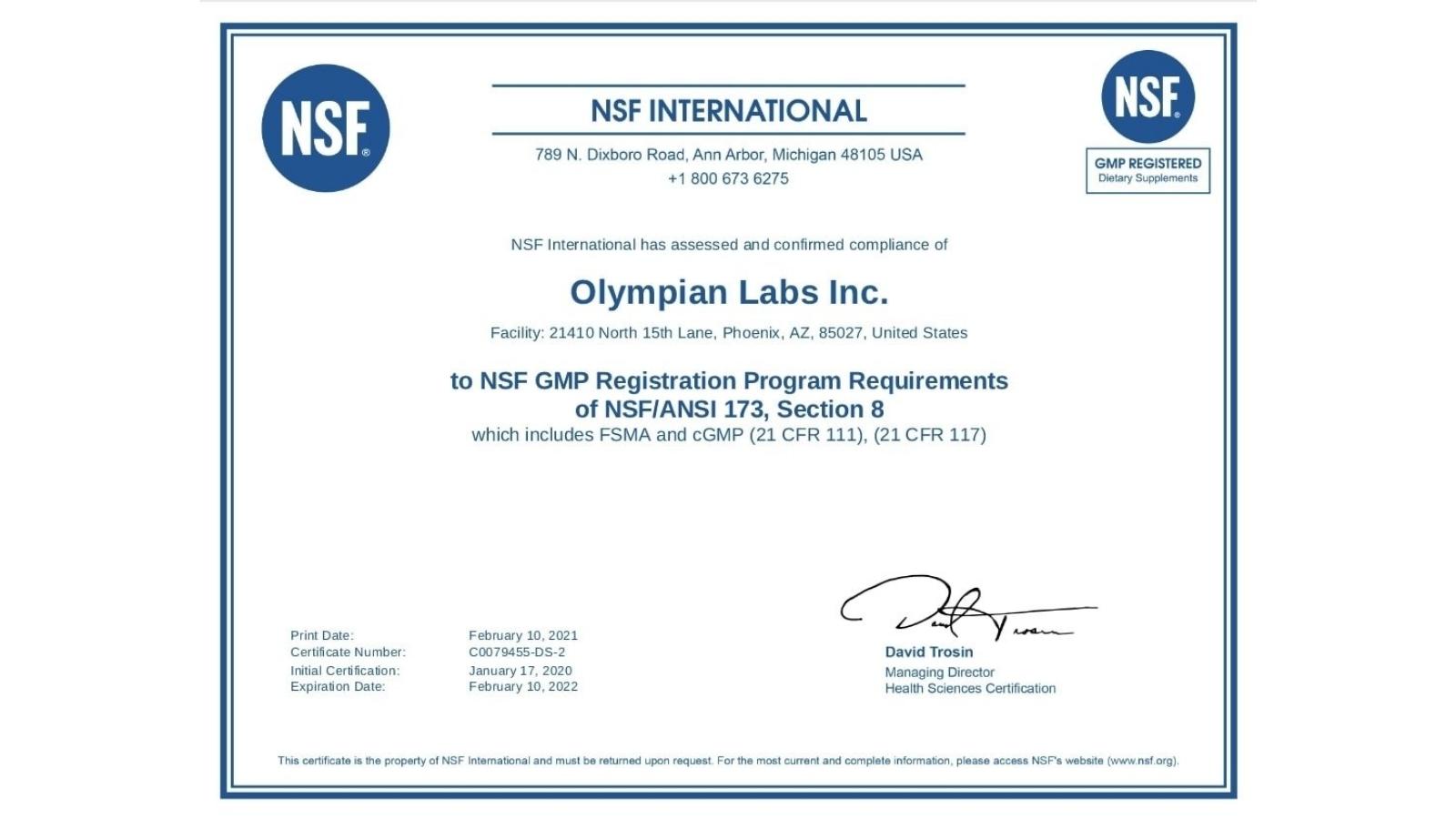 Chứng nhận của NSF dành cho Olympian Labs