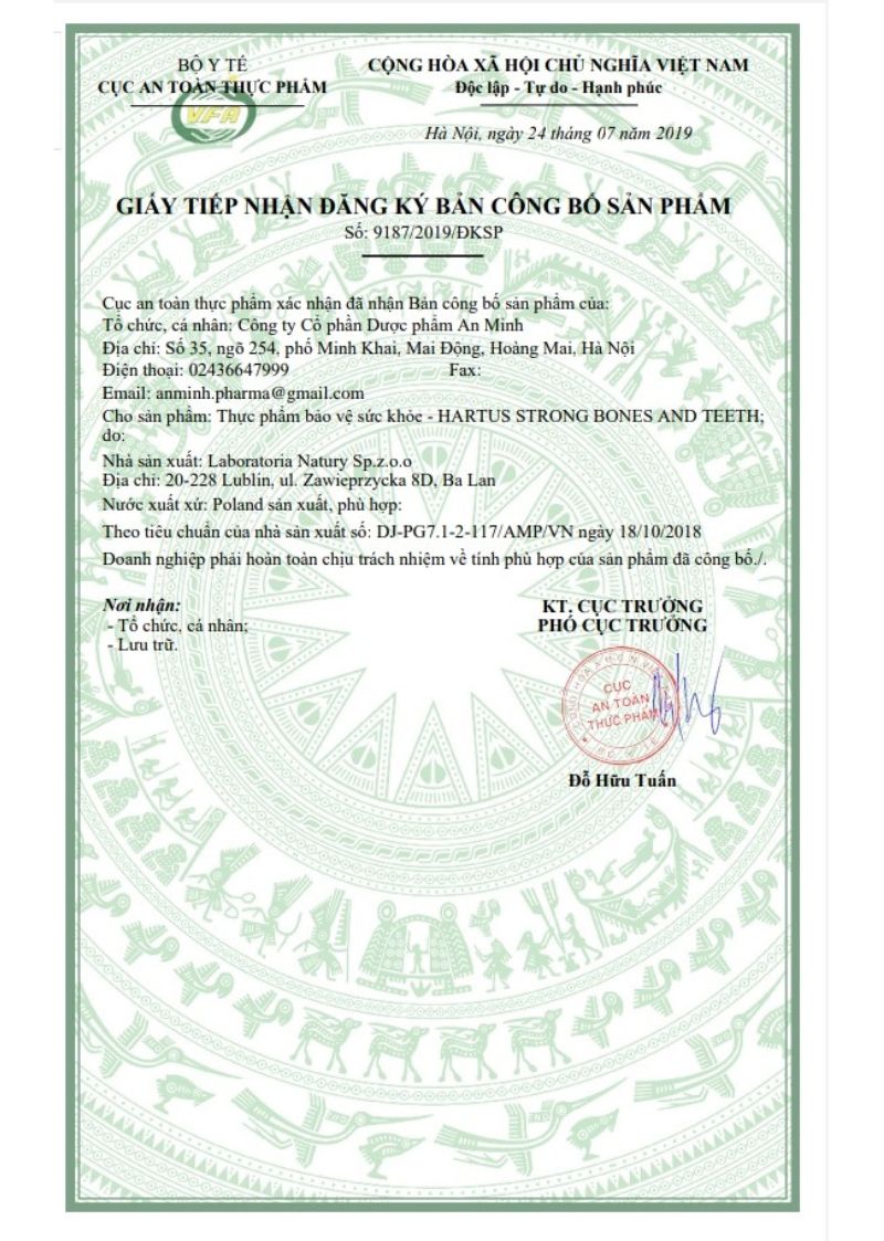 Bản công bố sản phẩm của Hartus Strong Bones And Teeth