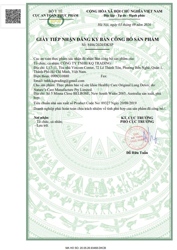 Giấy đăng ký công bố thải độc phổi Healthy Care Lung Detox được cấp bởi Bộ Y tế
