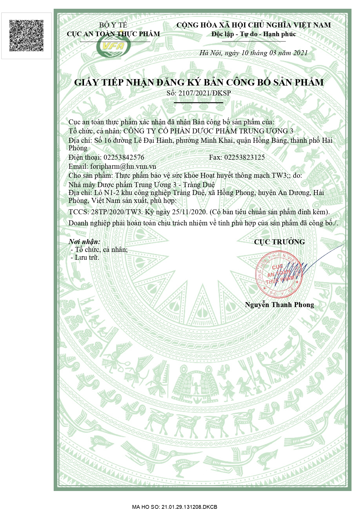 Giấy đăng ký công bố sản phẩm Hoạt huyết thông mạch TW3