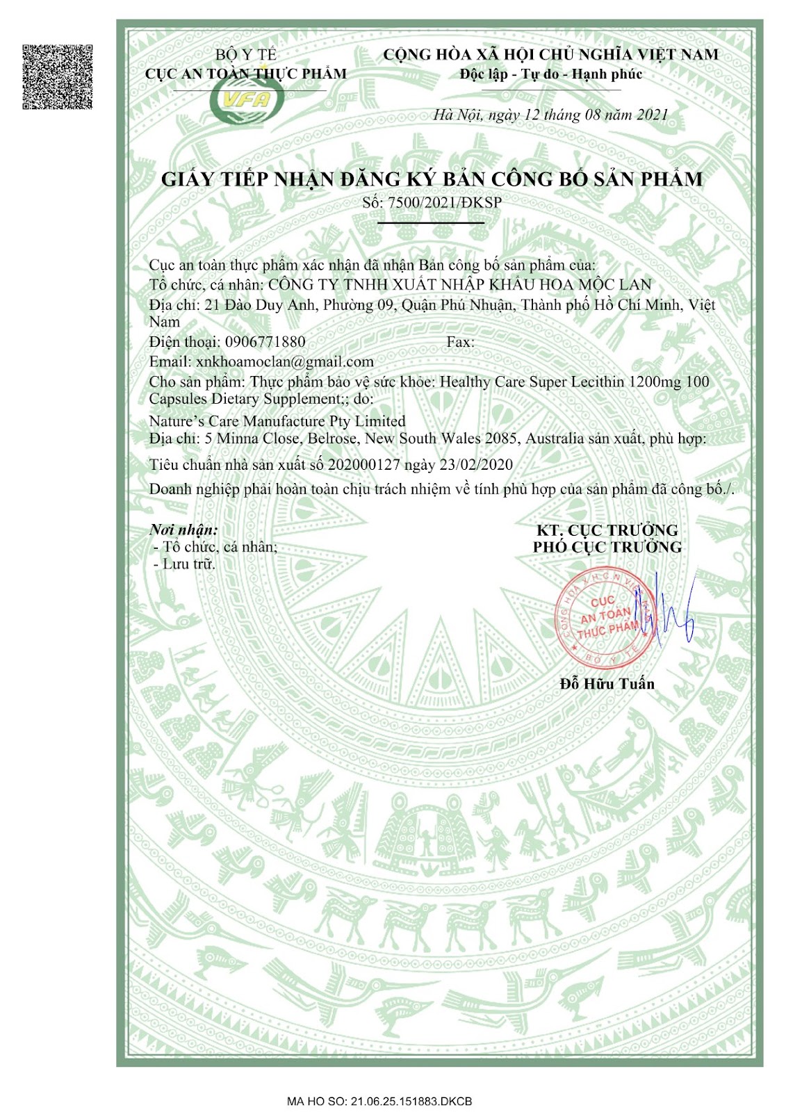 Giấy công bố sản phẩm Healthy Care Super Lecithin 1200mg