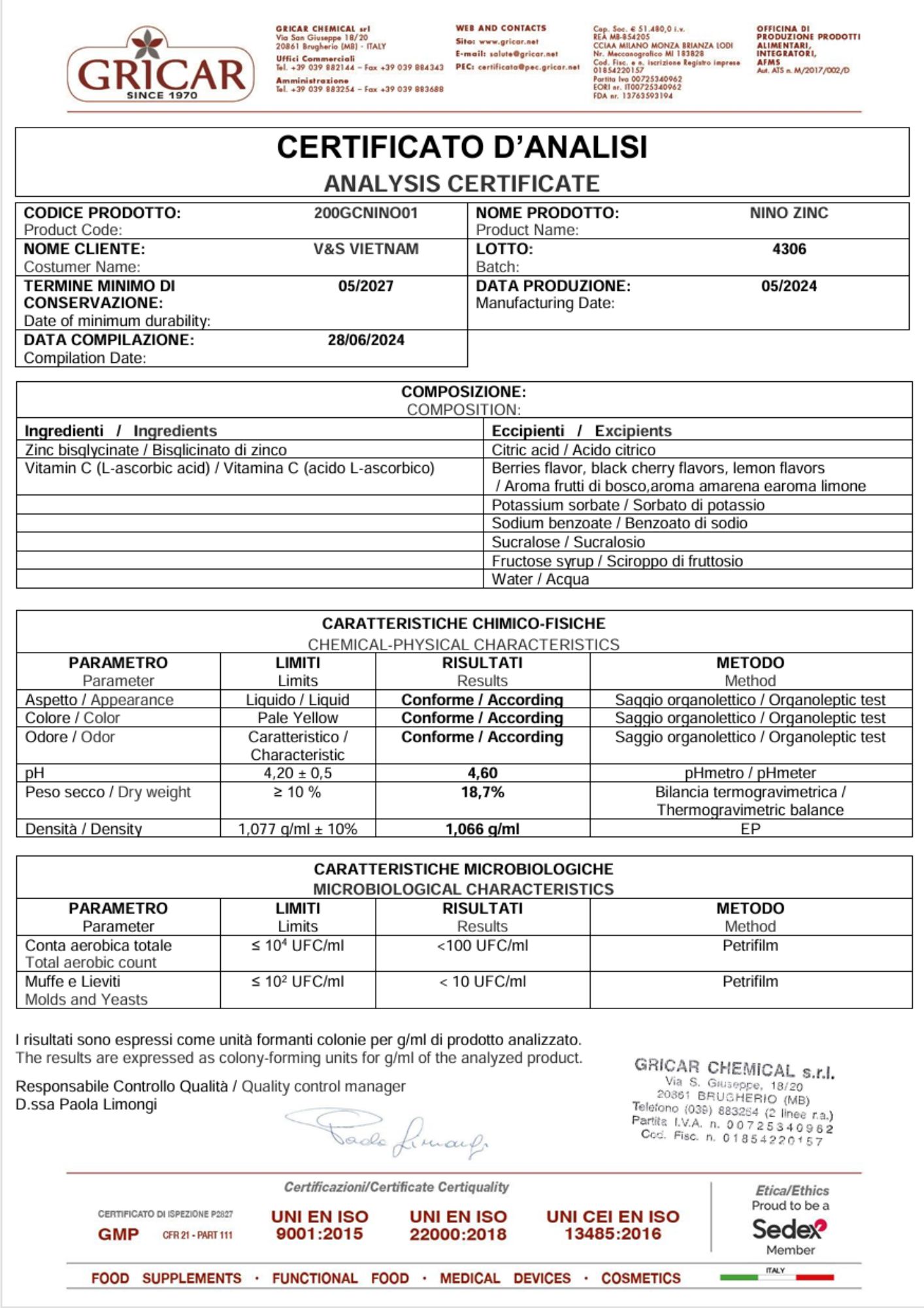 Phiếu kiểm nghiệm chất lượng sản phẩm Imochild Nino Zinc