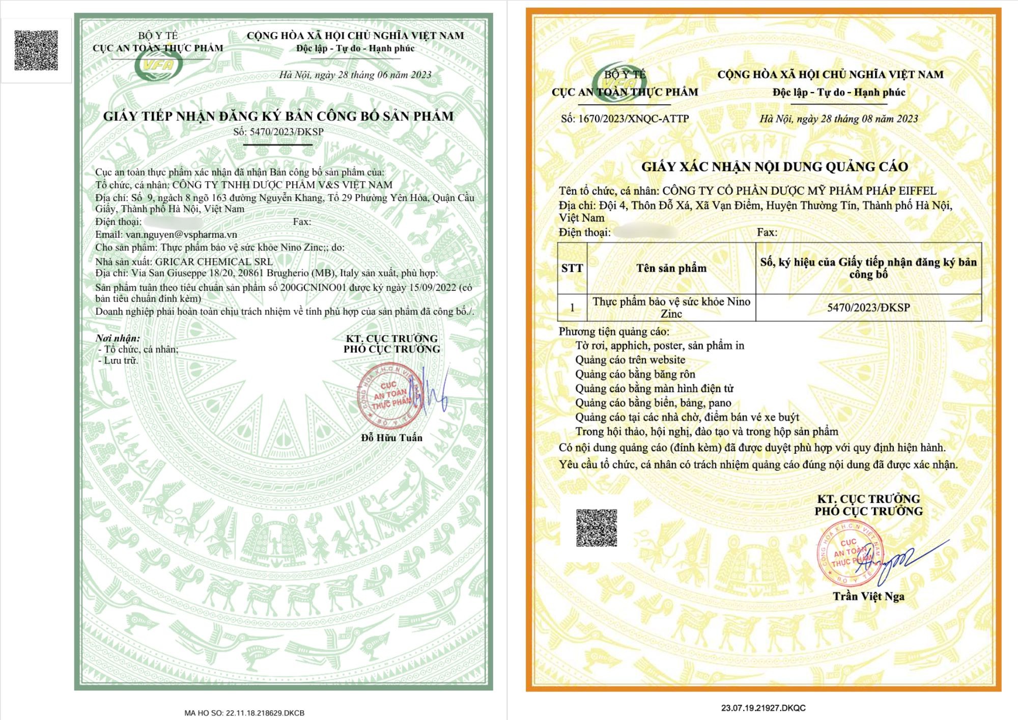 Giấy công bố sản phẩm và xác nhận quảng cáo Imochild Nino Zinc