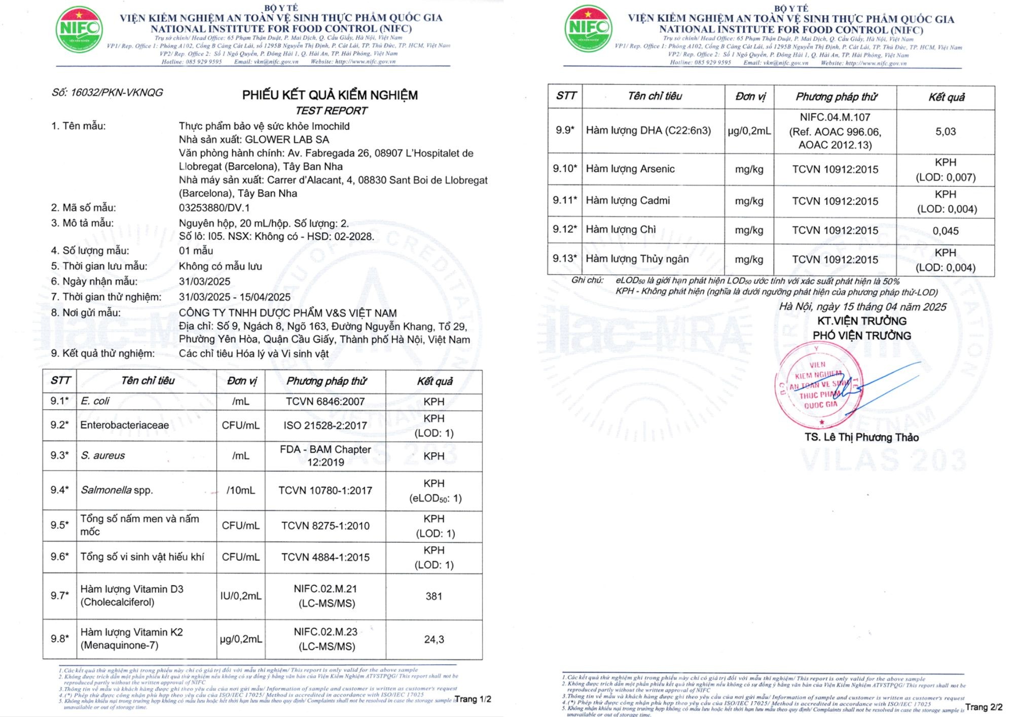 Phiếu kiểm nghiệm sản phẩm Imochild Vitamin D3&K2