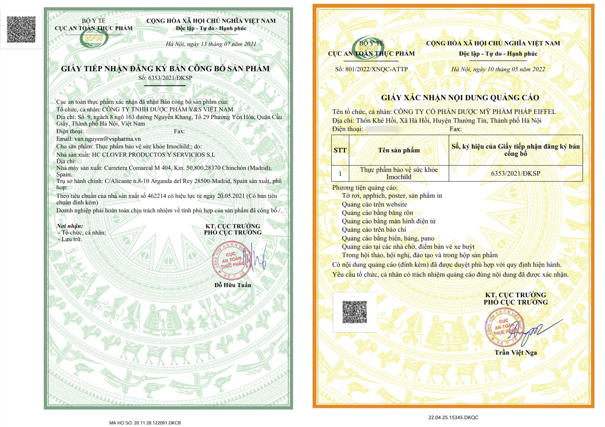 Giấy tiếp nhận công bố và xác nhận quảng cáo sản phẩm Imochild Vitamin D3&K2
