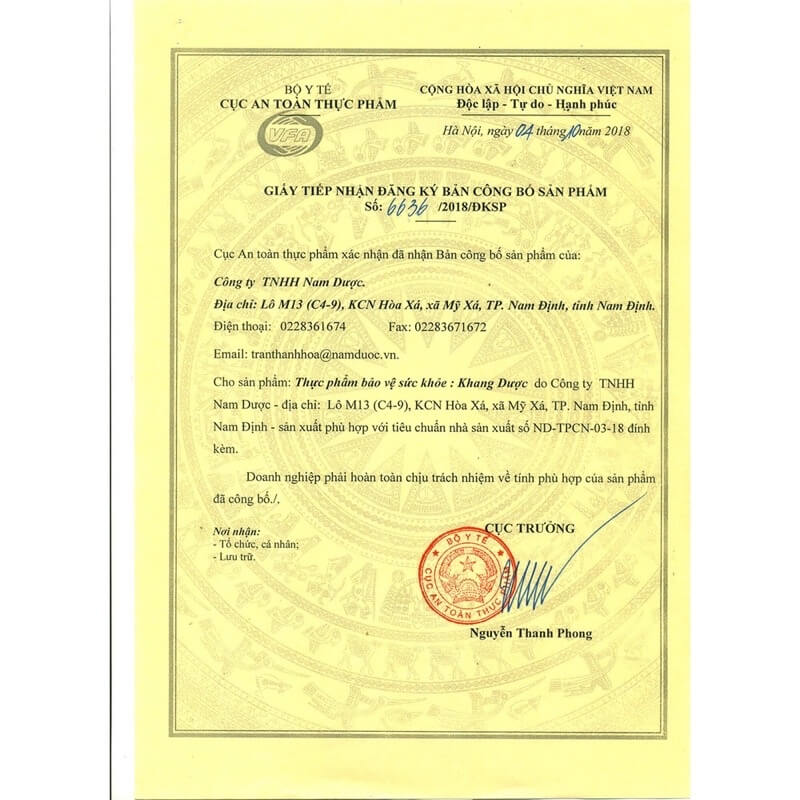 Xác nhận công bố phù hợp quy định an toàn thực phẩm của Bộ Y Tế.