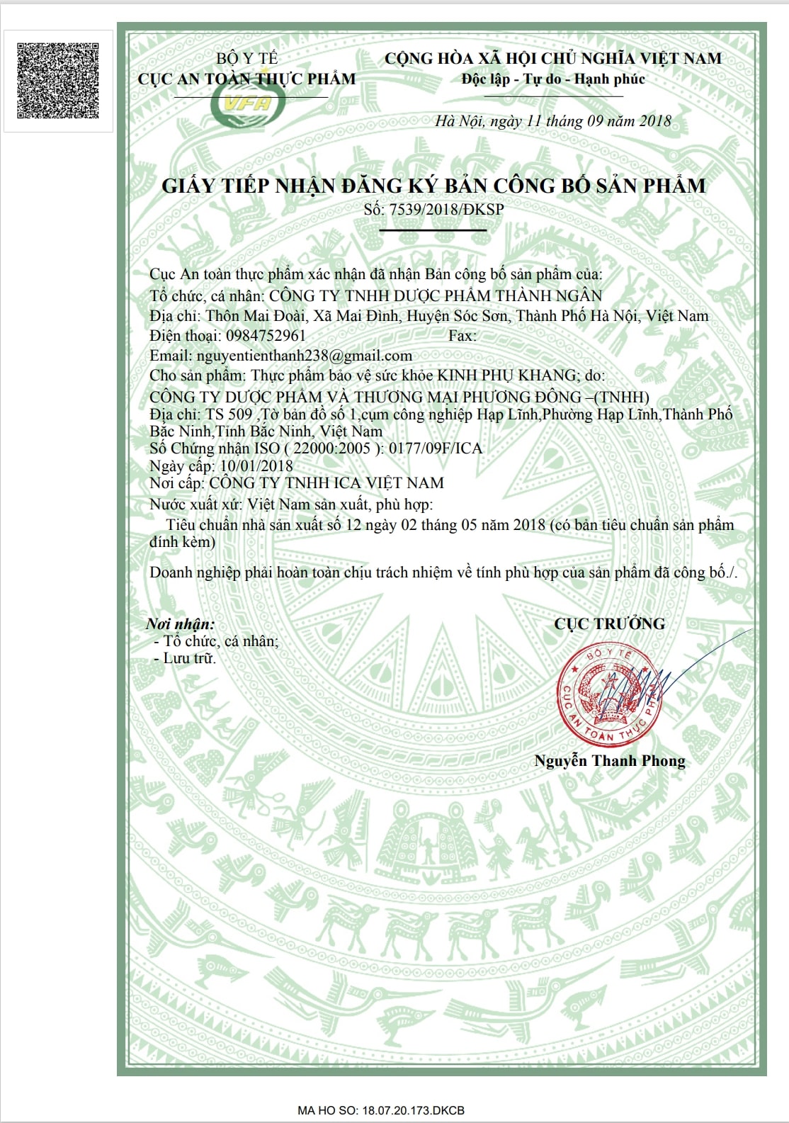 Bản công bố sản phẩm của Kinh Phụ Khang