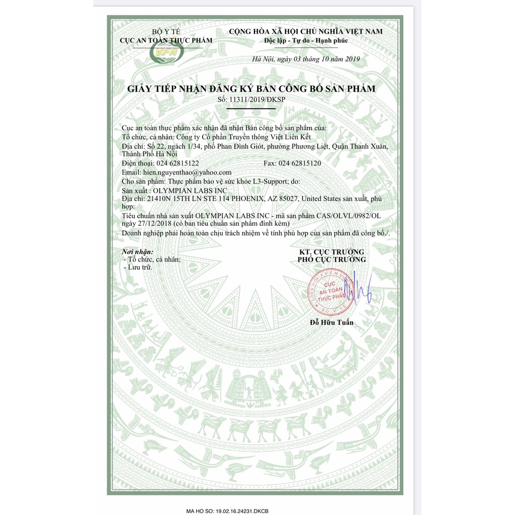 Giấy công bố đăng ký sản phẩm L3 Support