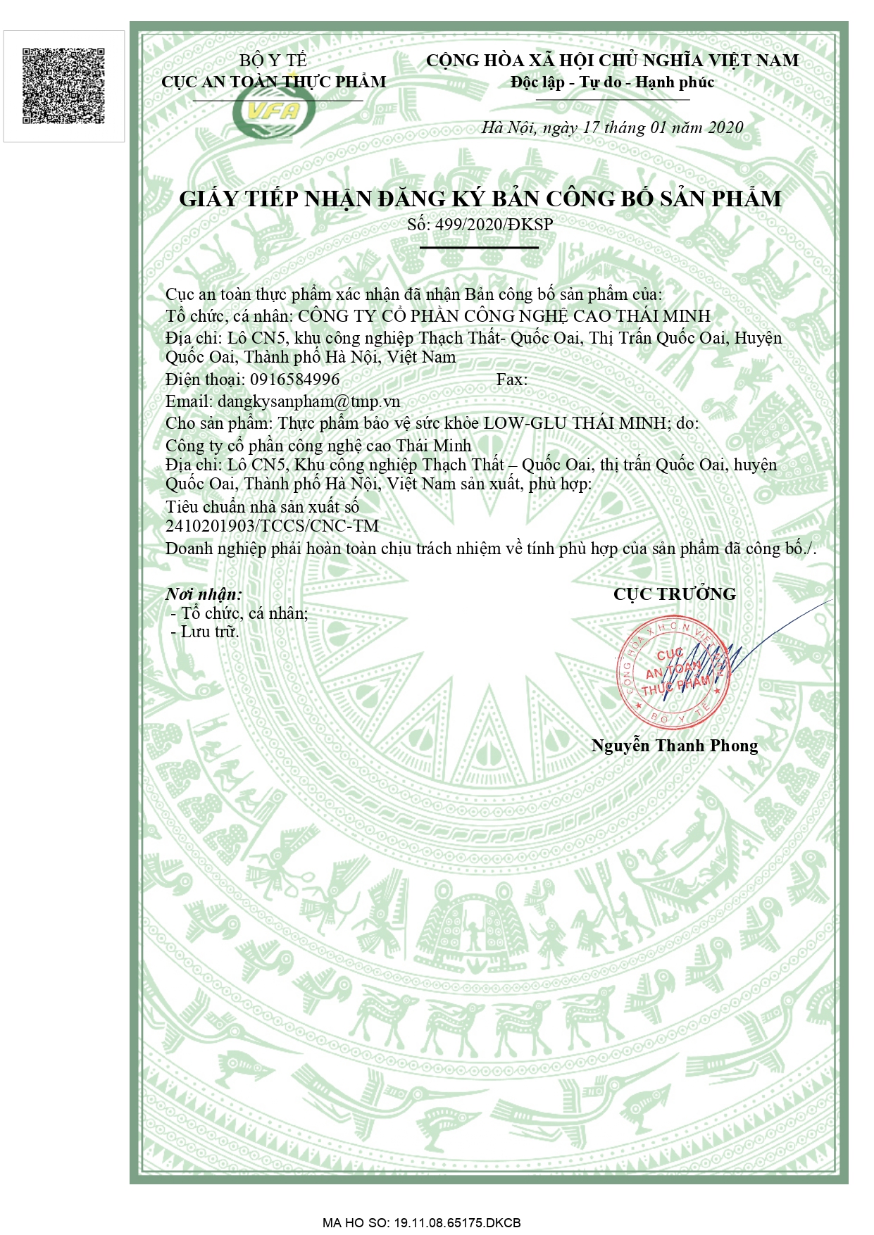 Giấy đăng ký công bố sản phẩm Low - Glu Thái Minh