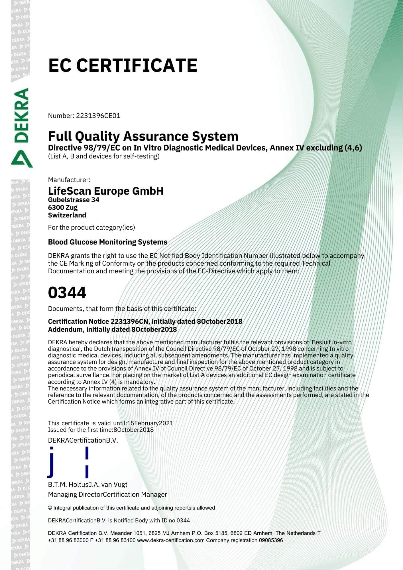 Giấy chứng nhận Hệ thống đảm bảo chất lượng của LifeScan, Inc - công ty sản xuất Onetouch Ultra Plus Flex