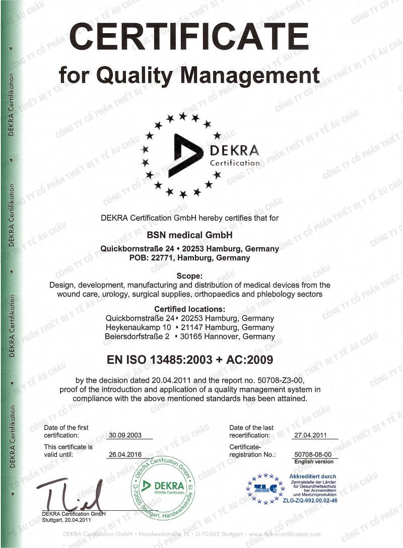 Giấy chứng nhận EN ISO 13485:2003 của Beurer