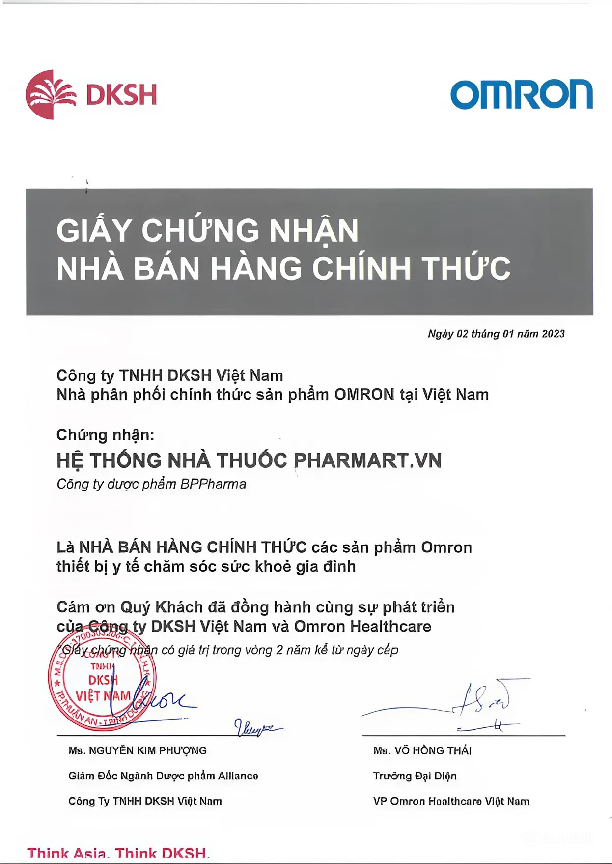 Giấy chứng nhận đại lý của Omron cho Pharmart.vn