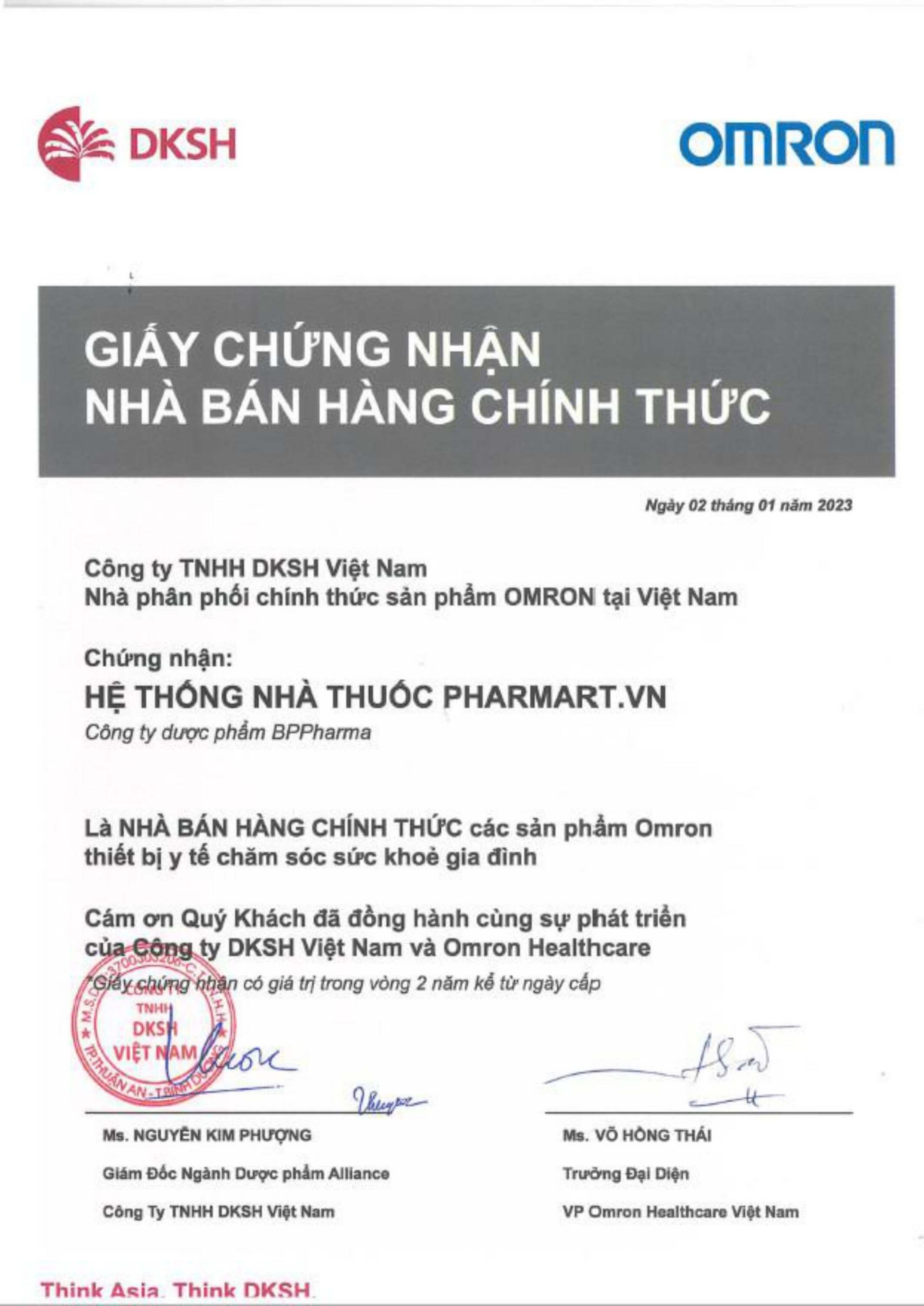 Giấy chứng nhận đại lý chính hãng của Omron cho nhà thuốc Pharmart.vn