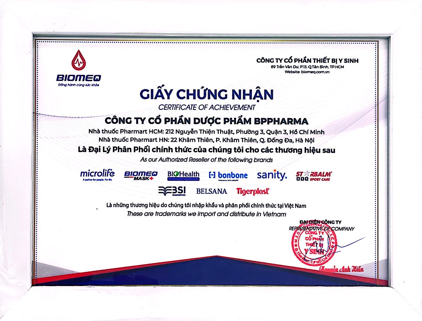 Giấy chứng nhận đại lý của BPPharma và Pharmart