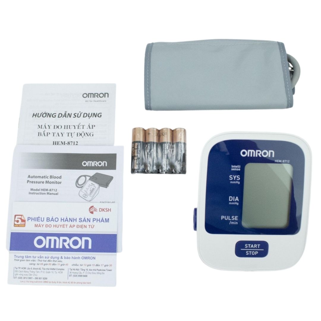 Bộ sản phẩm Máy đo huyết áp bắp tay Omron Hem 8712