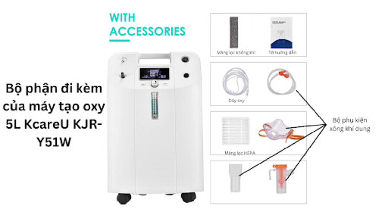 Các bộ phận đi kèm với máy tạo oxy 5L KcareU KJR-Y51W