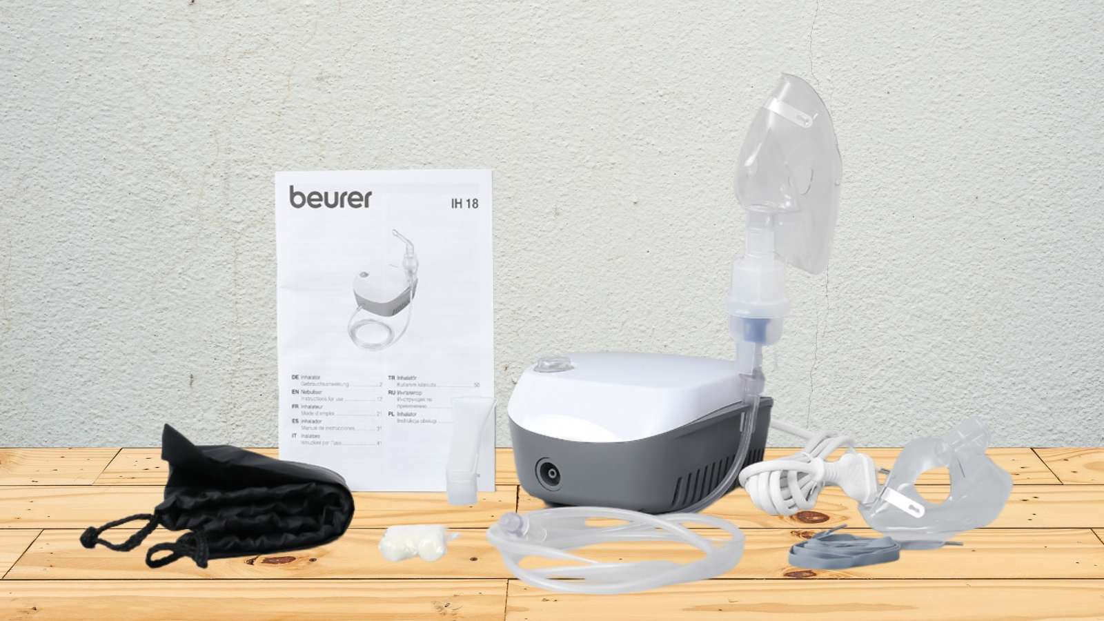 Bộ sản phẩm máy khí dung Beurer IH18 và phụ kiện đi kèm